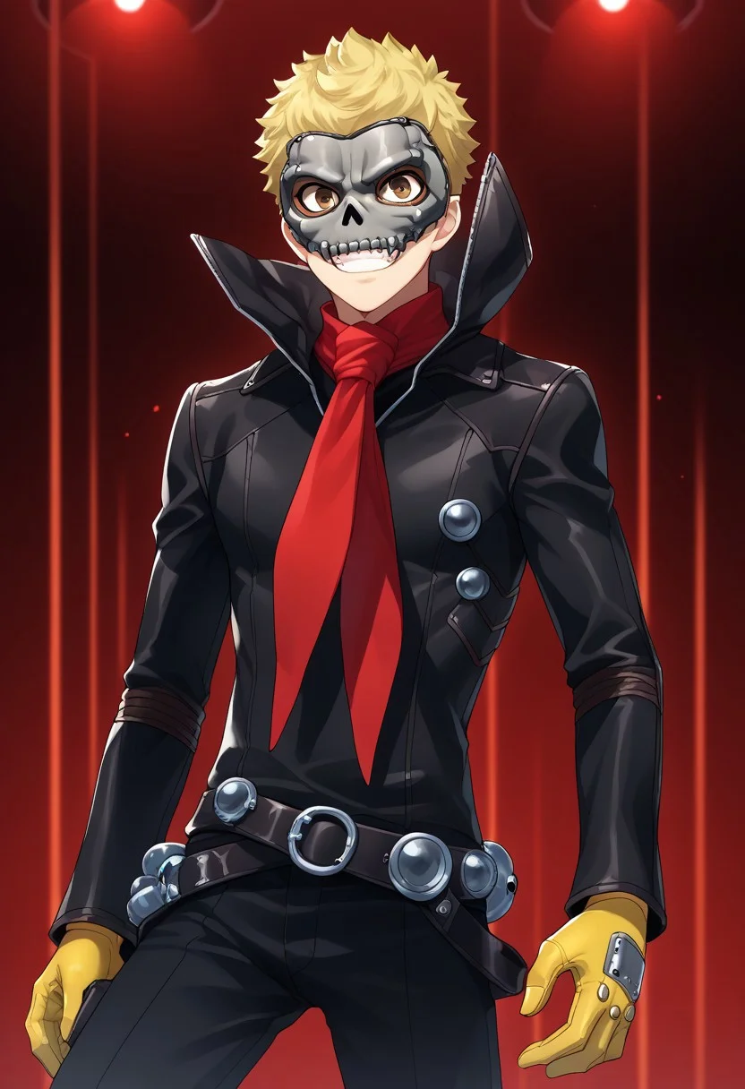 score_9, score_7_up, source_anime
ryuji, 1boy, male focus solo, brown eyes, blonde hair, short hair, skull outfit, mask, skull mask, jacket, black jacket, high collar, leather jacket, leather, scarf, red scarf, gloves, yellow gloves, belt, pants, black pants, grin,
indoor, darkness, dark, lights, red lights,