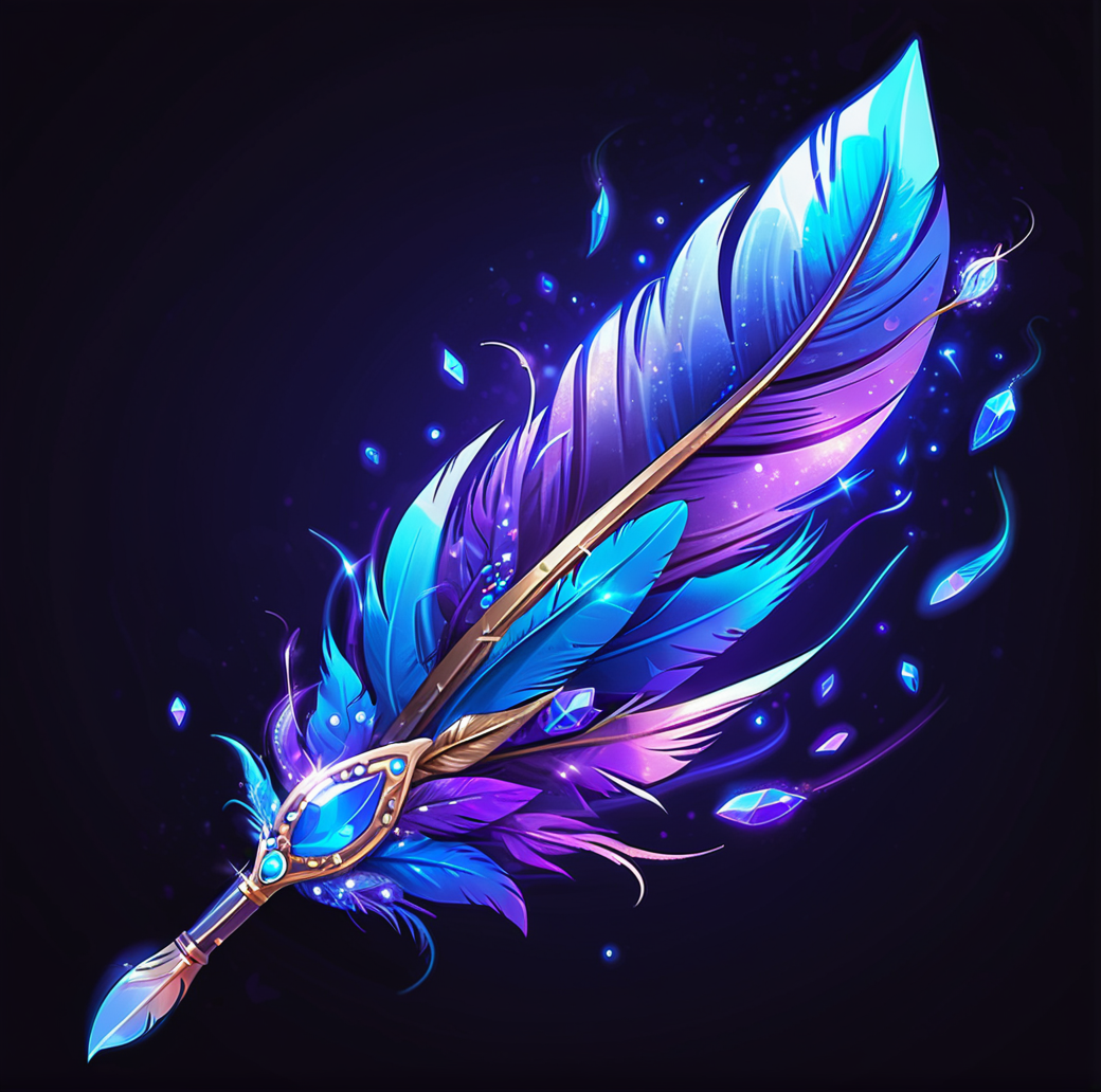 digital game illustration, quill, feather pen, blue, purple, magical, glowing, sparkles, floating, mystical, vibrant, digital art, high-resolution, detailed illustration, fantasy, writing instrument, embellished, gemstones, illuminated, dark background, game asset ,<lora:æ¸¸æ-000002:0.6>