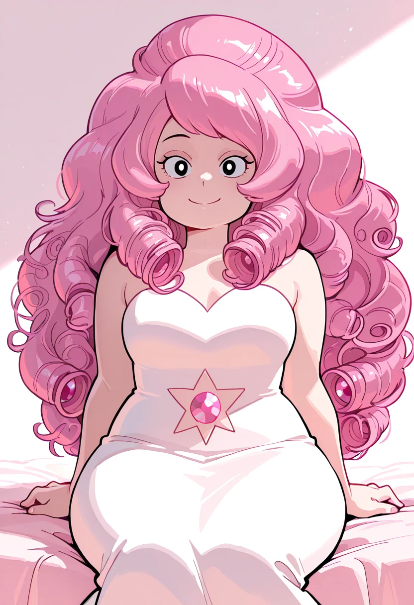 masterpiece, best quality, very aesthetic, absurdres, 1girl, solo, Rose_quartz, long hair, pink hair, curly hair, black eyes, white dress, gem on belly, smiling, sitting, (hands behind body:1.3), hands offscreen,
<lora:Smooth_Booster:0.25>, <lora:Rose_Quartz_SU__Illustrious:1>, <lora:HerrscherAGGA2025_COLIG_ST-IL_V2:1>