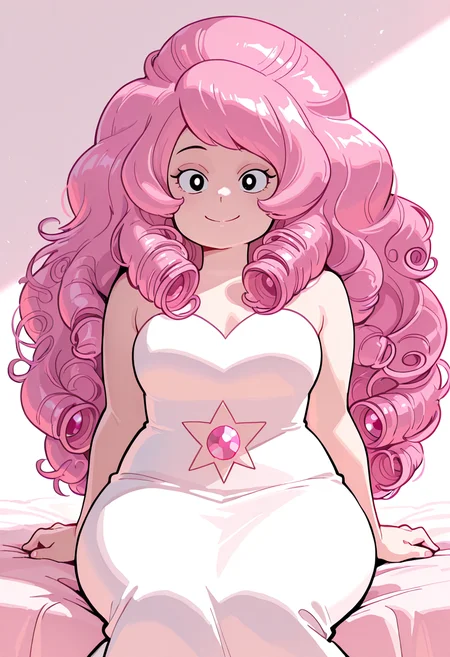 masterpiece, best quality, very aesthetic, absurdres, 1girl, solo, Rose_quartz, long hair, pink hair, curly hair, black eyes, white dress, gem on belly, smiling, sitting, (hands behind body:1.3), hands offscreen,
<lora:Smooth_Booster:0.25>, <lora:Rose_Quartz_SU__Illustrious:1>, <lora:HerrscherAGGA2025_COLIG_ST-IL_V2:1>