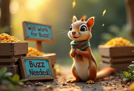 A whimsical, high-detail scene featuring a tiny squirrel standing on its hind legs, paws clasped together as it looks up with wide, hopeful eyes. The squirrel is surrounded by colorful, hand-painted signs reading ‘Will Work for Buzz’ and ‘Buzz Needed!’ Tiny wooden crates are stacked nearby, some filled with golden and blue thunderbolts symbolizing the currency known as ‘Buzz.’ The squirrel wears a small, tattered scarf, adding a touch of charm to its pleading expression. Sunlight filters through the trees, casting a warm glow over the scene.