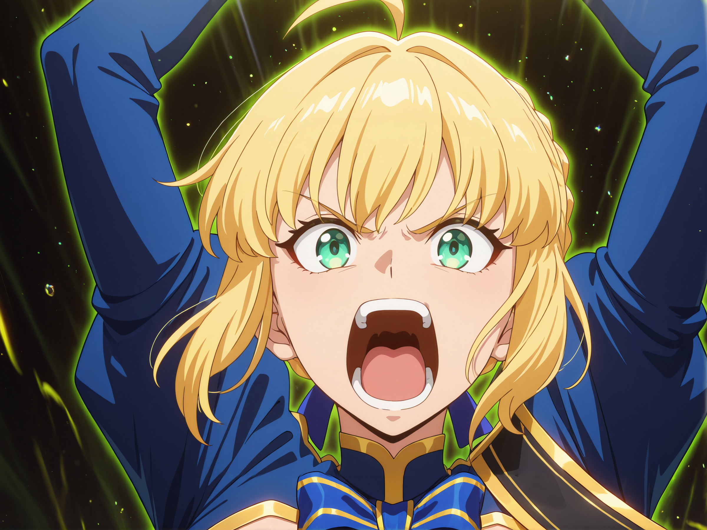 masterpiece, best quality, amazing quality, very aesthetic, absurdres, newest,shiny skin,  anime coloring, anime screenshot,  <lora:SabrHonkaiStarRail:1>saberhsr, blonde hair, 1girl, solo, ahoge, pantyhose, dress , ribbon, braid, green eyes, blue dress, hair ribbon, upper body,  portrait,  open mouth,  screaming,  black background, aura looking at viewer, sword_up  arms_up golden_bubbles <lora:anime_screencap:1> anime screencap, anime coloring gold_aura