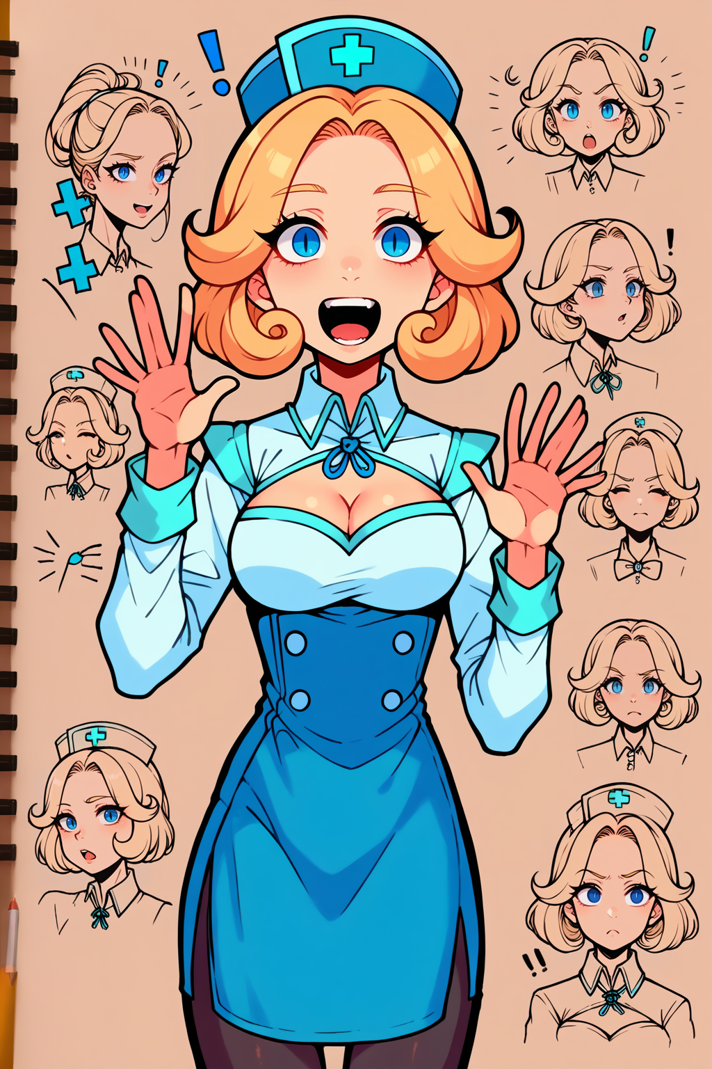 score_9, score_8_up, <lora:NSPhyllisPortia:1> NSPhyllisPortia, 1girl, solo, blonde hair, medium hair, blue eyes,  <lora:Potat-pencil_drawing_sketch_v1-USENEG:-0.7> pencil drawing, sketch, cleavage cutout, black pantyhose, nurse cap, bowtie, collared shirt, long sleeves, blue skirt, side-slit, high-waist skirt, cheering, exclamation mark