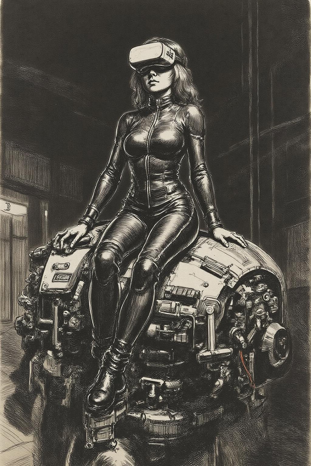 rembr1 etching. A striking, futuristic scene depicts a woman dressed in sleek, form-fitting leather attire, sitting confidently atop an open power suit, inspired by the cyberpunk aesthetics of Masamune Shirow. The power suit, a blend of advanced technology and military-grade armor, features intricate mechanical details, exposed wiring, and a robust, yet streamlined design. The woman, wearing a cutting-edge VR headset, exudes a sense of control and mastery over the machine beneath her. Her posture is relaxed yet commanding, with one hand resting on the suit's metallic surface and the other casually holding a piece of advanced tech. The background is a high-tech industrial setting, with dim lighting that casts dramatic shadows, highlighting the fusion of human and machine. The overall atmosphere is one of futuristic coolness and cybernetic elegance, capturing the essence of Shirow's iconic style  <lora:rembr_etch4_cap_d6a3e11:1.0><lora:810544523282308900:0>