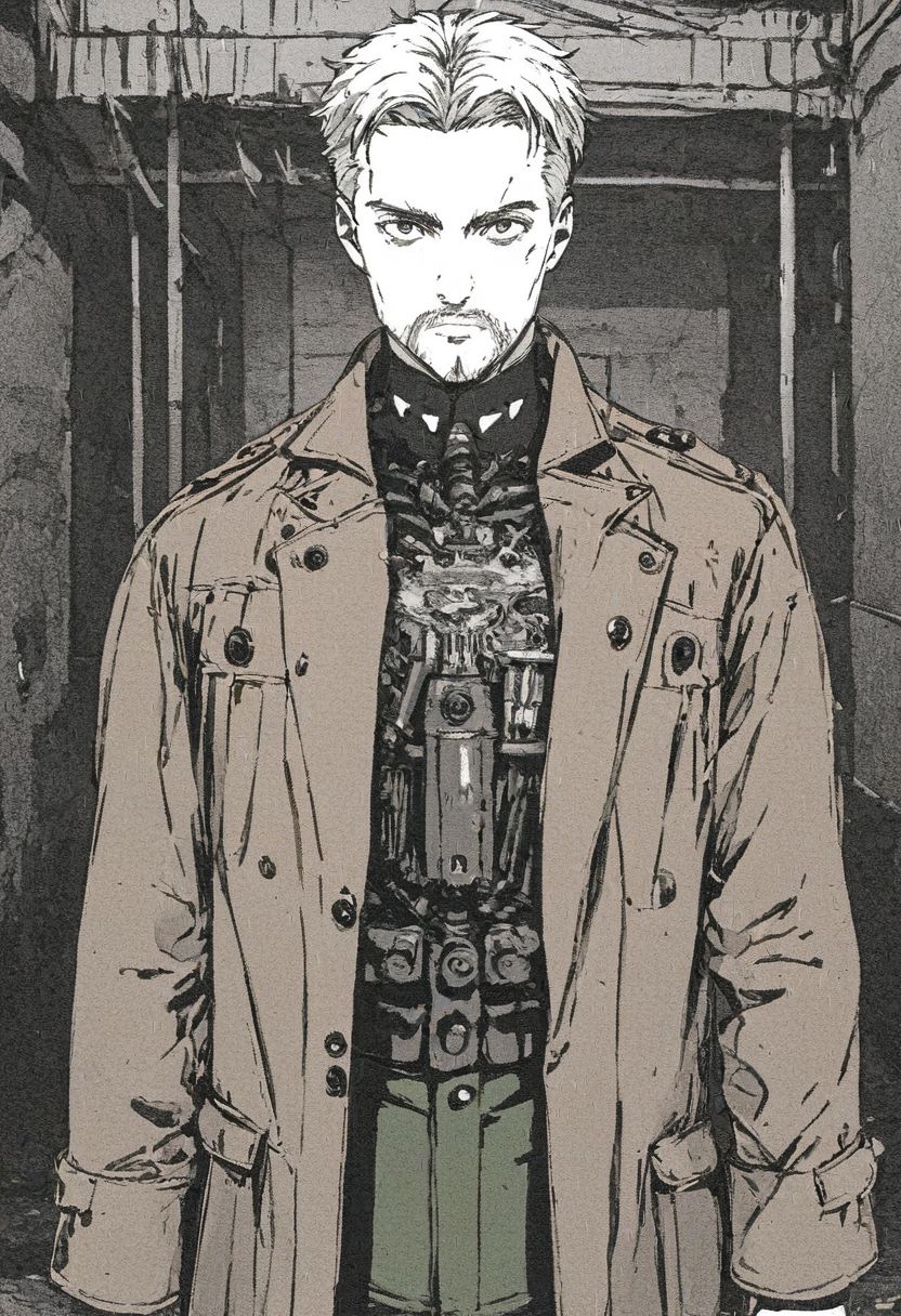 score_9, score_8_up, score_7_up, (solo man), Reiner Braun, blond hair, short hair, stubble, facial hair, hazel eyes, ((full body)), (in dark alley, neon signs, cyberpunk city), looking at viewer, masculine, handsome, charming, alluring, slight smile, perfect eyes, (white collared shirt, military green pants), ((widely open brown trench coat, long sleeves)), perfect anatomy, perfect proportions, perfecteyes, insignia on chest, black and white manga panel