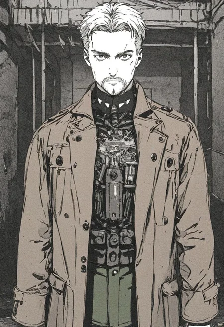 score_9, score_8_up, score_7_up, (solo man), Reiner Braun, blond hair, short hair, stubble, facial hair, hazel eyes, ((full body)), (in dark alley, neon signs, cyberpunk city), looking at viewer, masculine, handsome, charming, alluring, slight smile, perfect eyes, (white collared shirt, military green pants), ((widely open brown trench coat, long sleeves)), perfect anatomy, perfect proportions, perfecteyes, insignia on chest, black and white manga panel