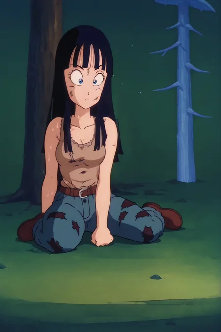 source_anime, score_9, score_8_up, score_7_up, anime screencap,8k, absurd res,
mai \(dragon ball\), long hair, bangs, blue eyes, black hair,
forest, camouflage pants, torn clothes, brown tank top, dirty face, sitting against tree, looking at another, wet clothes, wet hair,
<lora:maiDB_pony_v1:0.8>