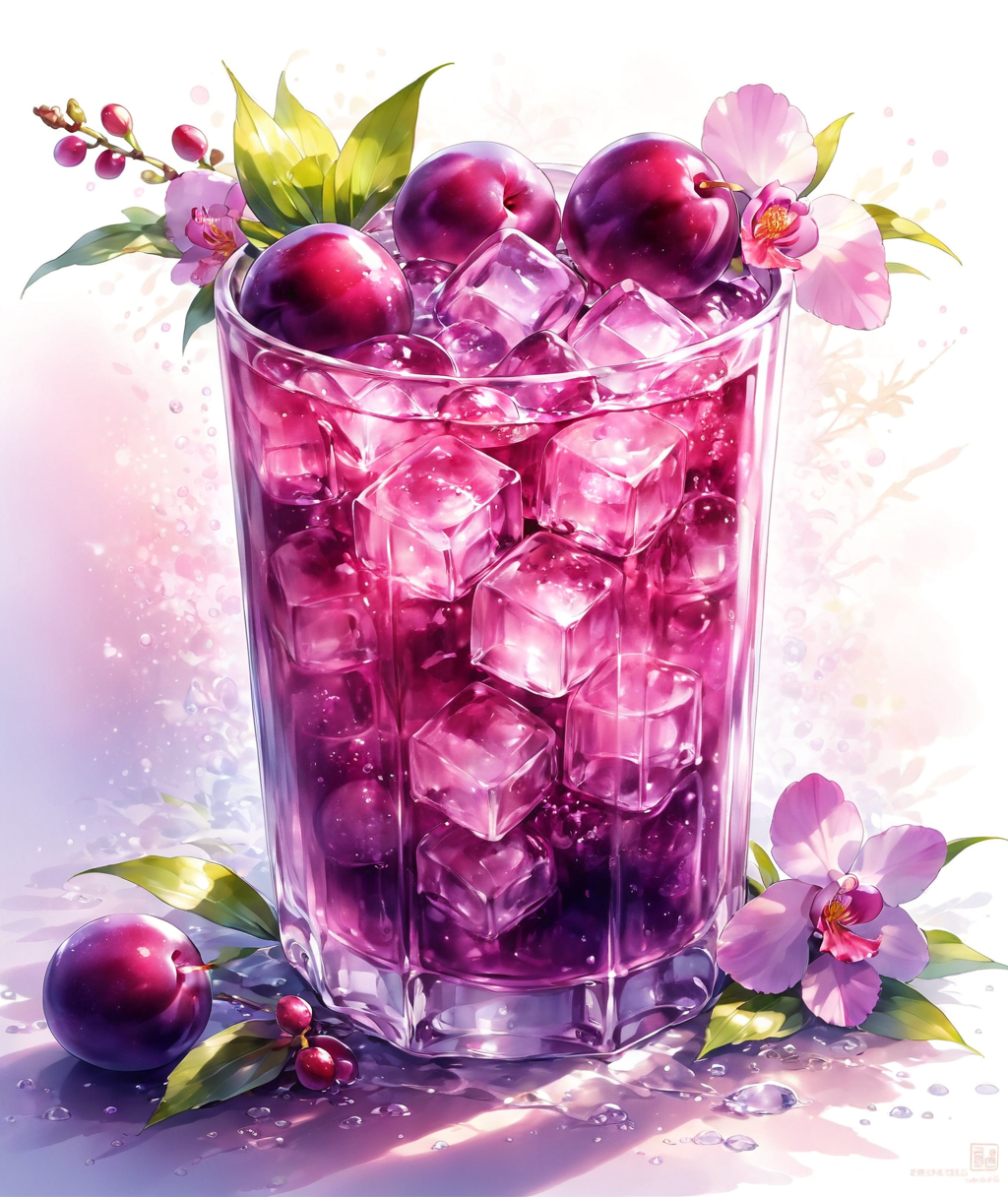 masterpiece,1cup,ice cube,Plum,drink,orchid bubble water,restaurant background,warmlight,Summer_drinking_style,<lora:Summer_drinking_style-model:1>,