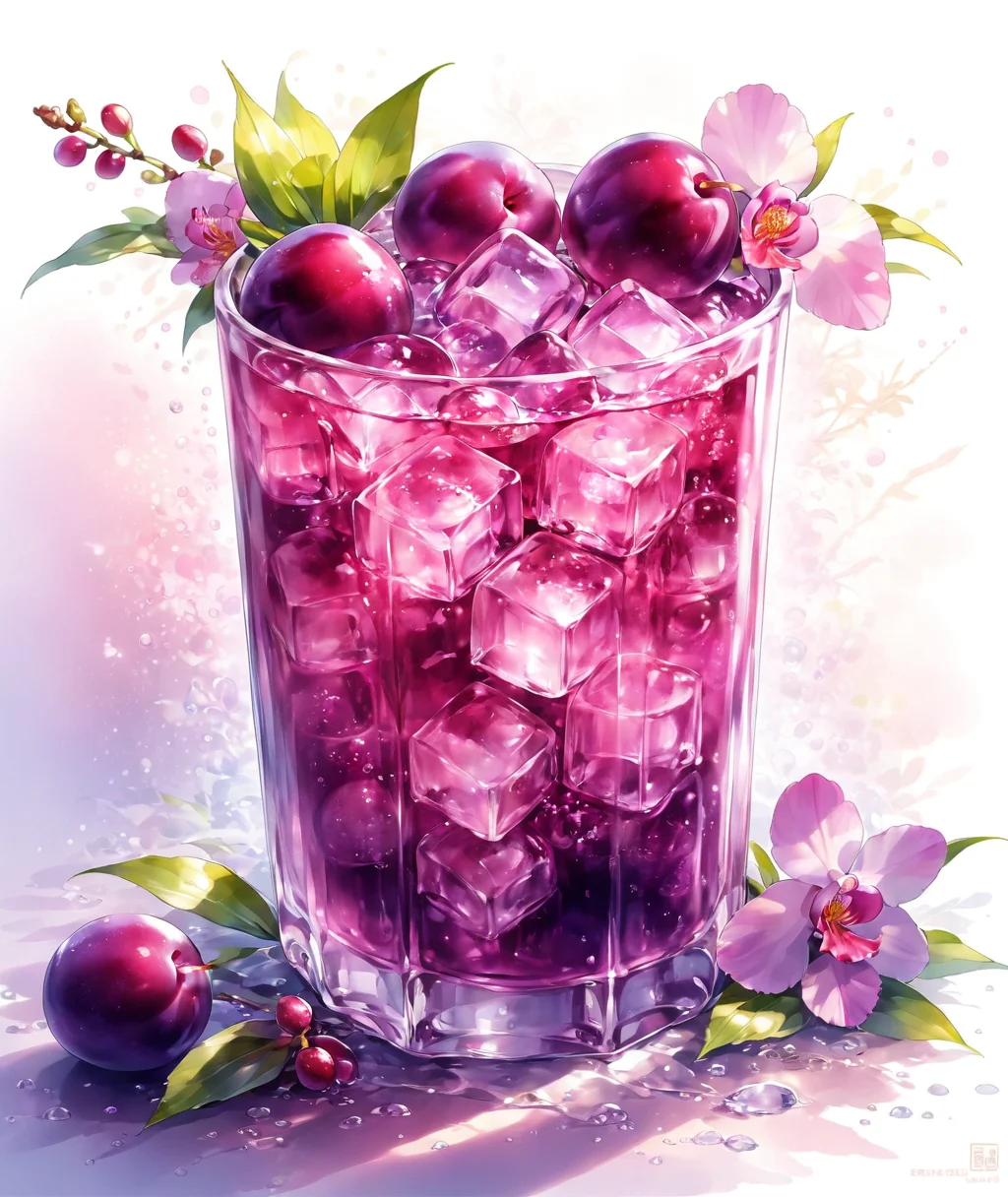 masterpiece,1cup,ice cube,Plum,drink,orchid bubble water,restaurant background,warmlight,Summer_drinking_style,<lora:Summer_drinking_style-model:1>,
