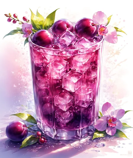 masterpiece,1cup,ice cube,Plum,drink,orchid bubble water,restaurant background,warmlight,Summer_drinking_style,<lora:Summer_drinking_style-model:1>,