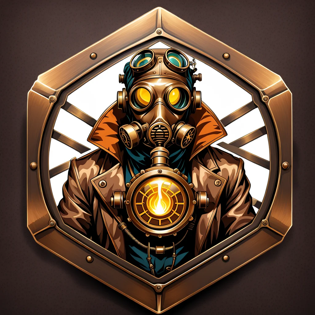 a hexagon with a steampunk in gas mask , vector, <lora:badgemkrsdxl:0.9>, best quality, bronze, cog,