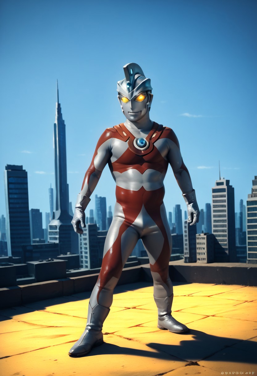 score_9, score_8_up, score_7_up, score_6_up, score_5_up, score_4_up, male focus, photo realistic, solo,1boy,cowboy shot,4K, best quality, no human, ultraman ace, one hole in the headdress, no face, standing, Tokyo cityscape, half the height of a skyscraper, giant,  silver glove and boots, standing, silver helmet, no eyes, no nose, no mouth, yellow glowing eyes, gloves, silver rubber bodysuit with red line, giant, normal body type, Photography, stvmccrr style, stvmccrr