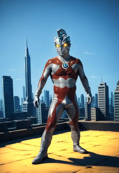 score_9, score_8_up, score_7_up, score_6_up, score_5_up, score_4_up, male focus, photo realistic, solo,1boy,cowboy shot,4K, best quality, no human, ultraman ace, one hole in the headdress, no face, standing, Tokyo cityscape, half the height of a skyscraper, giant, silver glove and boots, standing, silver helmet, no eyes, no nose, no mouth, yellow glowing eyes, gloves, silver rubber bodysuit with red line, giant, normal body type, Photography, stvmccrr style, stvmccrr