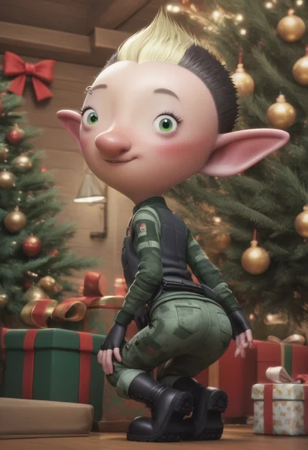 Bryony Shelfley, 1girl, elf, female elf, petite, black short hair, blond mohawk, pointy ears, elf ears, fingerless gloves, miliary uniform, black boots, piercing on right eyebrow, green eyes, small eyes, big nose, blush, score_8_up, score_7_up, BREAK, 1girl, solo, looking at viewer, cute, smiling, smug, from behind, looking back, female focus, looking at viewer, christmas tree on background, detailed background, 4k, masterpiece, best quality, highly detailed, 3d, full shot