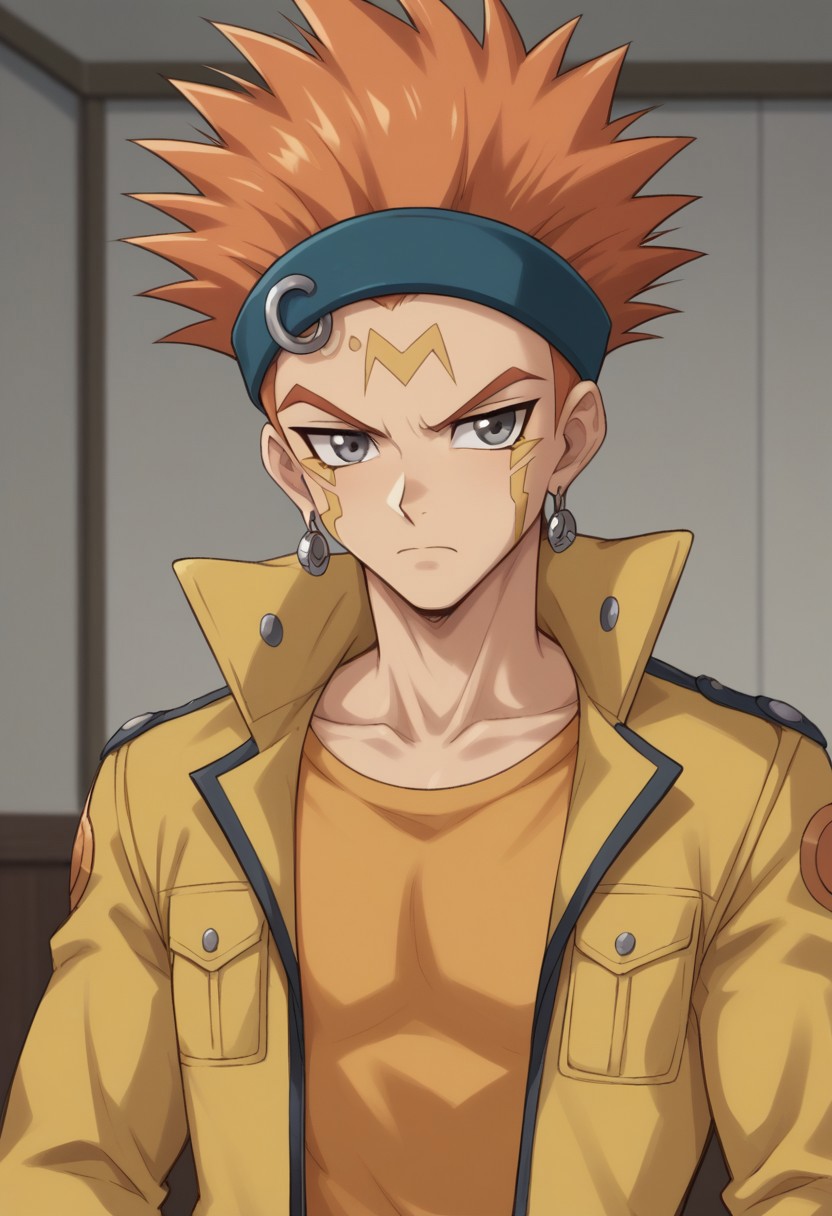 score_9, score_8_up, score_7_up, source_anime, highly detailed, 
crw_5d, male focus, 1boy, solo, jacket, grey eyes, shirt, headband, jewelry, earrings,
yellow shirt, orange hair, upper body, spiked hair, frown, yellow jacket,
open clothes, open jacket, indoors, collarbone,