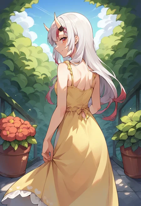 score_9, score_8_up, score_7_up, source_anime, 1girl, solo, NakiriAyame, oni horns, long hair, from behind, yellow sundress, garden, day, sunshine, smile, looking back, <lora:CHAR-NakiriAyamePonyXL:1>