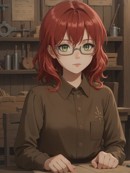 score_9, score_8_up, score_7_up,
1girl,solo, 
<lora:dahlia.pony.v2:0.55> dahlia, red hair, green eyes
grey glasses,
teenager, 
brown shirt, collared shirt, 
workshop, fantasy,medieval, workbench,