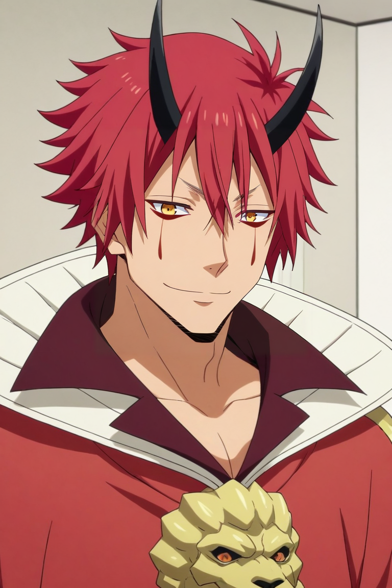 score_9, score_8_up, score_7_up, source_anime, rating_safe, , , , , 1boy, solo, male focus, <lora:benimaru_tensura_pony:1>, benimaru_tensura, red hair, yellow eyes, hair between eyes, horns, oni horns, facial mark, upper body, fuji mountain, indoors, light, (pose), half-closed eyes, smile, gorilla costume, <lora:sdxl_lightning_8step_lora:1>