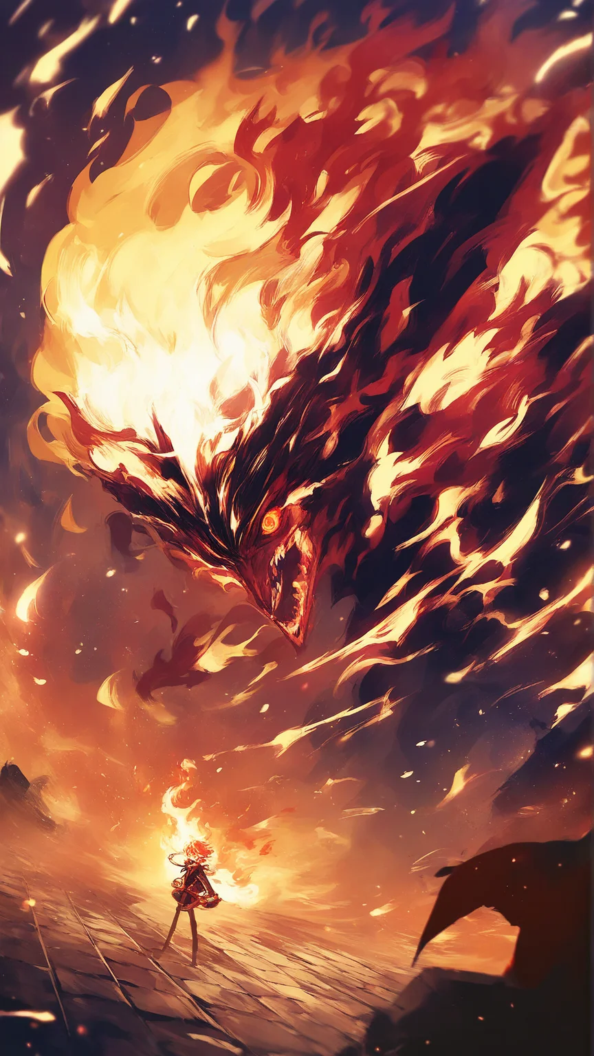 score_9, score_8_up, score_7_up, source_anime, fire eyes, long hair, (flame trails:1.3), flames around, dynamic, inferno, rating_safe <lora:Merunyaa_Artist_Style_PonyXL:0.75>