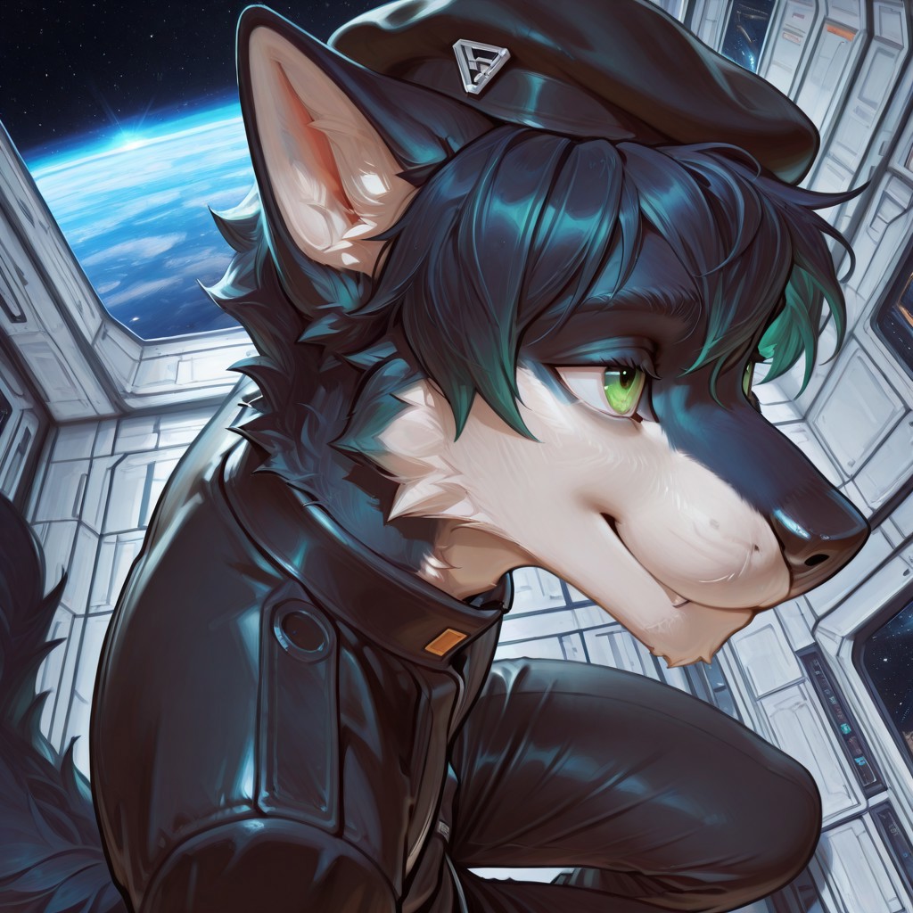 highly detailed, best quality, masterpiece, detailed background, detailed fur, detailed eyes,
1boy, Wilfred Howlett, green eyes, smiling, 
Black uniform, black beret, black pants, close up, high angle, side view,
Indoors, space station, futuristic background