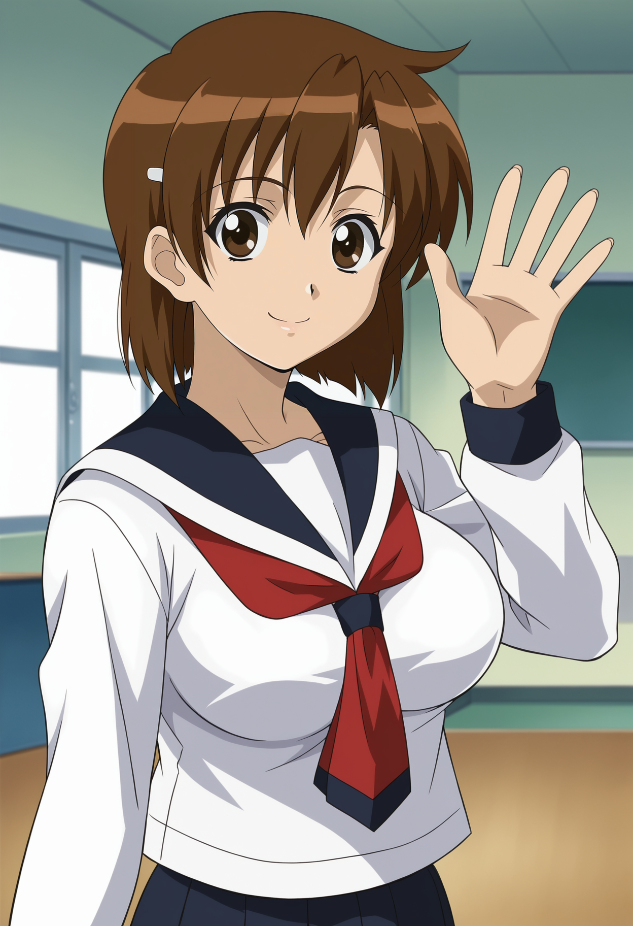 <lora:Kirie_Kojima-Girls_Bravo_r1:0.8>,1girl,solo,Kirie Kojima,brown hair,short hair,brown eyes,hairclip,large breasts,anime coloring,school uniform,serafuku,waving,looking at viewer, cowboy shot, indoors,smile