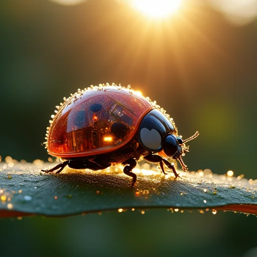 ajspctrbot, Macro shot of a translucent mechanical ladybug resting on a dew-covered leaf at dawn. The early morning sunlight creates a soft, atmospheric glow in the background, casting warm rays through a gentle mist. The ladybug's semi-transparent red-and-black shell glows subtly, revealing intricate cybernetic components inside—micro wires, gears, and blinking nano-lights. Its delicate legs grip the leaf’s textured surface, and tiny bits of digital data flicker along its body like holographic veins. The composition is cinematic and detailed, blending nature and futuristic technology in a serene yet uncanny moment.