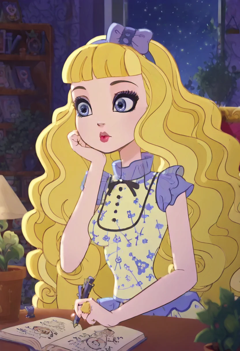 masterpiece, best quality, solo, curvy, beautiful eyes, narrow waist, wide hips, zzBlondie, blue eyes, blonde hair, curly hair, long hair, wavy hair, hair bow, makeup, lipstick, hairband, blunt bangs, dress, jewelry, , <lora:BlondieLockesEAH_IXL:1.0>, , zzLofi, sitting, side view, desk, chair, book, bookshelf, head rest, holding, holding pen, lamp, night, open book, pen, plant, potted plant, sky, star (sky), starry sky, window, windowsill, writing, <lora:LofiGirl_Style_IXL:0.8>,