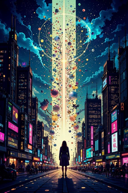 fantasy city, bright luminous starry night, woman, very intricate, very detailed, sharp, bright, colorful, <lora:Hand v2:0.5> <lora:Anti-Blur:1><lora:Insane Detail Slider:0.25>  <lora:flux.1_lora_flyway_Epic-detail_v2:0.3> <lora:fluxenhancer:0.25><lora:ck-Neon-Retrowave:0.4> ck-rw, in the style of ck-rw,  <lora:Neurocore Anime Cyberpunk:0.8> A digital artwork in the style of cknc