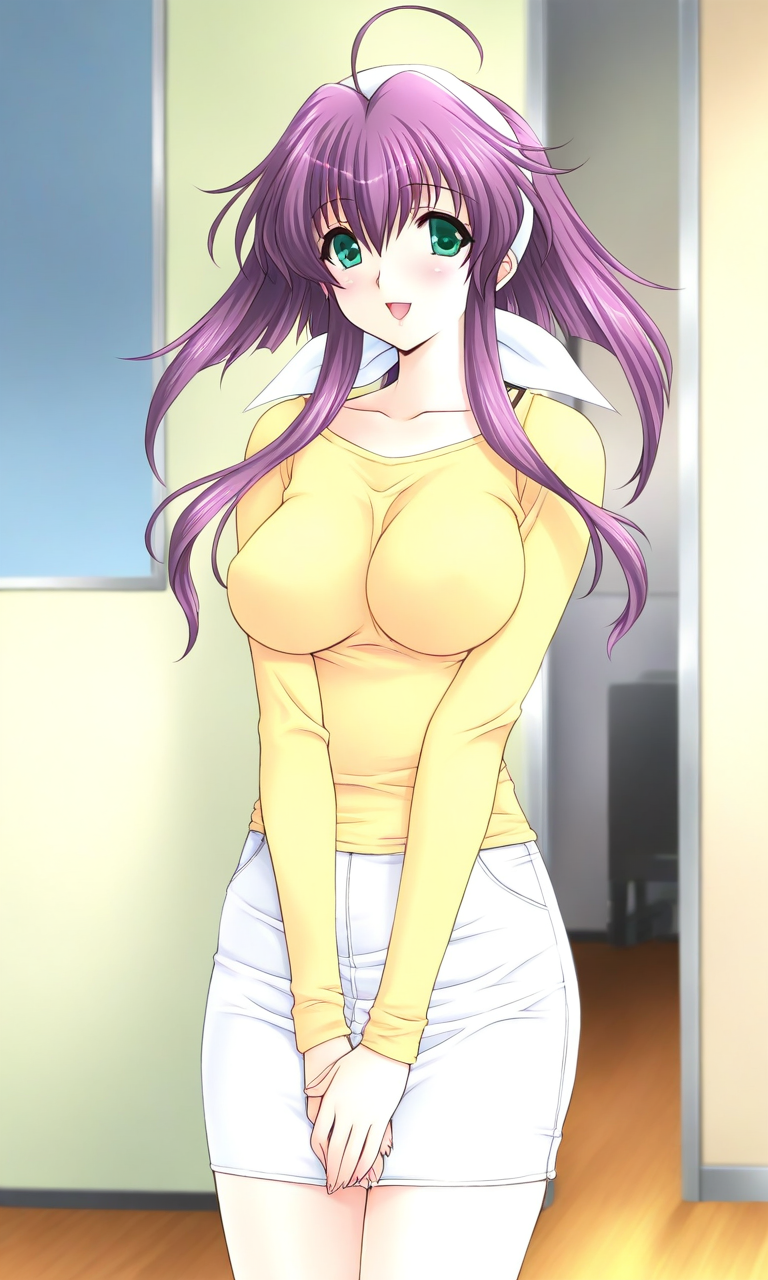 general,highres, ultra-detailed,very aesthetic,best quality ,best hands, BREAK <lora:Kototsuki_Madoka_Tsumashibori_IS:1>
Kototsuki_Madoka, 1girl, solo, purple hair, green eyes, large breasts, medium hair, sidelocks, ahoge,
open mouth, smile, own hands together, long sleeves, 
v arms, blush, 
white hairband, :d, pencil skirt, miniskirt, looking at viewer, shirt, casual, short hair with long locks, standing, yellow shirt, collarbone,
indoor, home in the room,