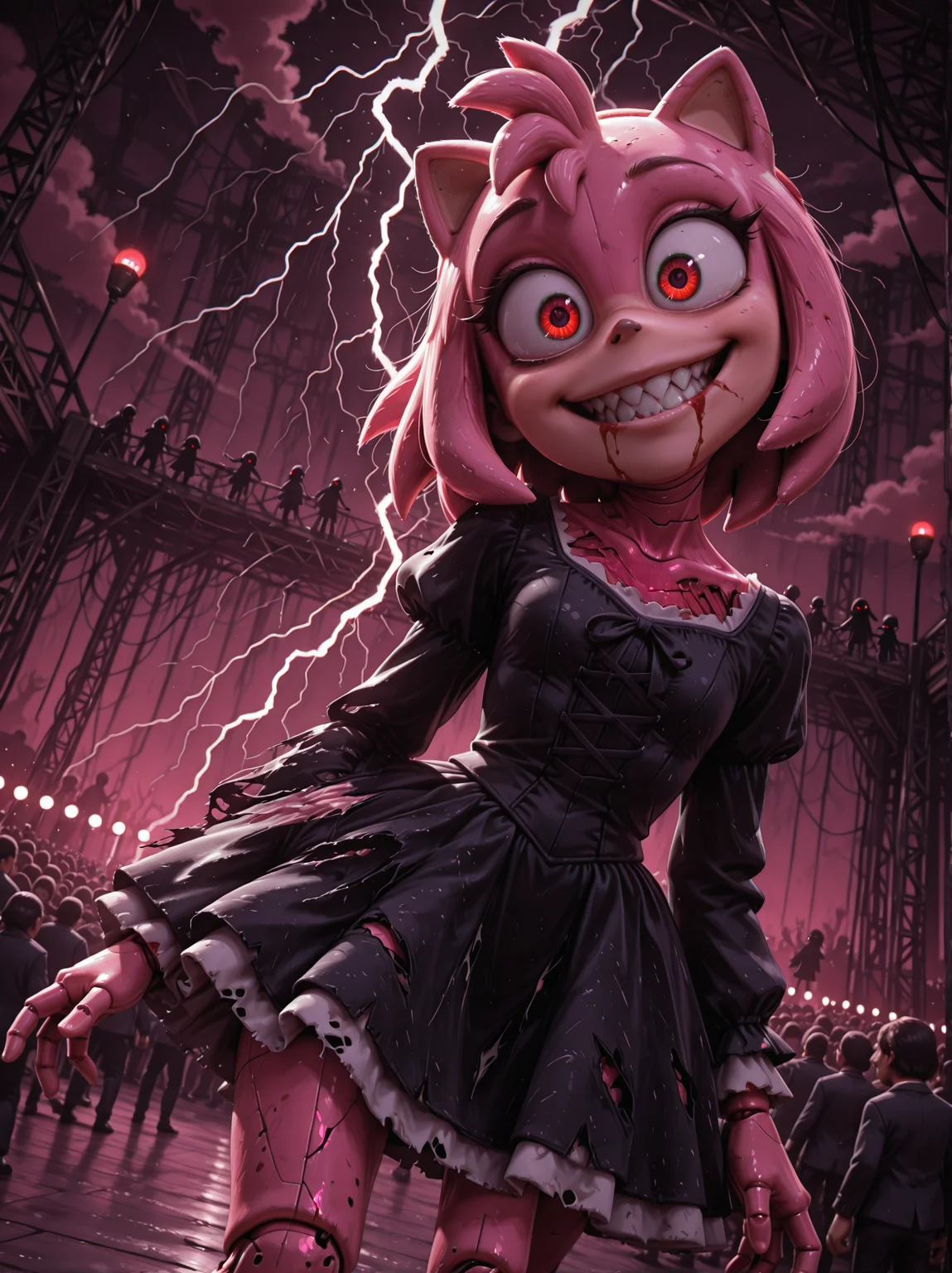 Amy_Rose, Robot, Doll_joints, Pink Metallic skin, Sharp metal teeth, glowing red eyes, head tilt, leaning toward viewer,  psychotic grin, torn dress, tattered dress, black Victorian dress, short skirt, Yandere, eye contact, dynamic pose, Carnival, Concert, Stage, silhouette_crowd, Swirling clouds, vortex, lightning, Neon_lightshow, BREAK, Horror, Tim_Burton , Tim Burton style, scary, horror, highly_detailed, 3D, CGI, RTX, close-up, ominous, dynamic angle, <lora:princess_rc_il:0.4>, <lora:LeIsT0_style:0.8>, <lora:Movie_Amy3:0.4>, <lora:CivChan:0.4>