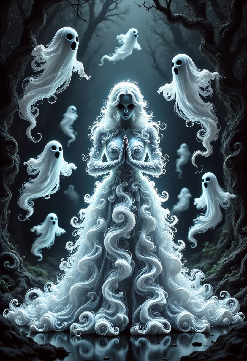 aidmafluxpro1.1,
A pale woman is wearing a glowing dress made of ghosts. she has a pale skin, detailed blue eyes and red lipstick. She's praying to a false idol. The scene is set in a dark twisted forest where swirly ghosts are flying around here.
masterpiece, best quality