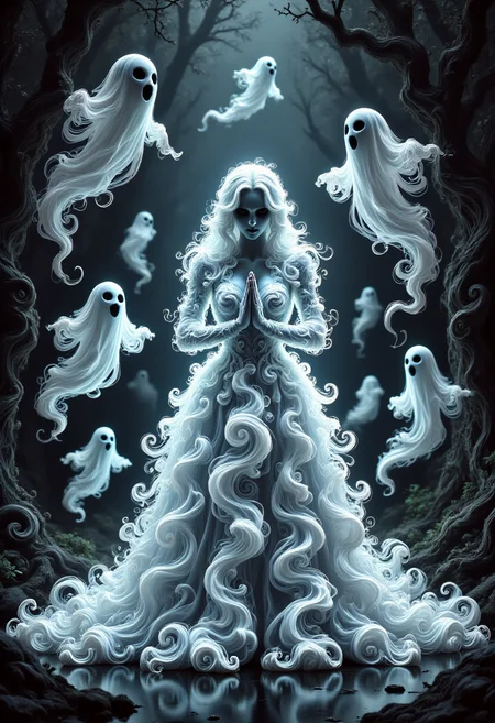 aidmafluxpro1.1,
A pale woman is wearing a glowing dress made of ghosts. she has a pale skin, detailed blue eyes and red lipstick. She's praying to a false idol. The scene is set in a dark twisted forest where swirly ghosts are flying around here.
masterpiece, best quality