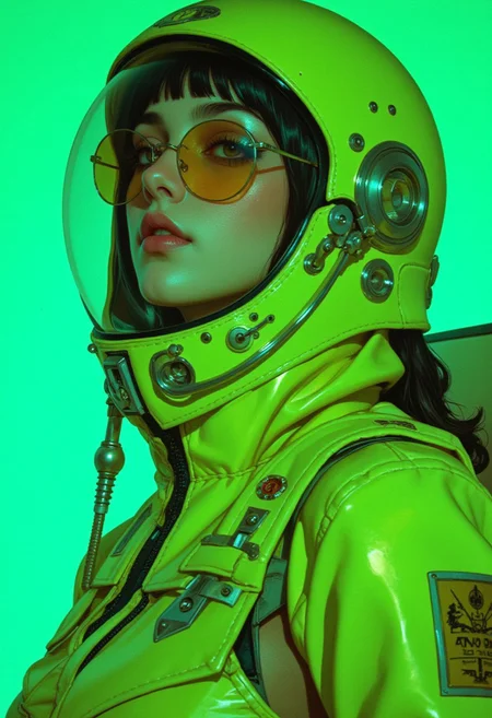 A highly detailed digital illustration in a futuristic, sci-fi style, featuring a close-up of a woman wearing an avant-garde metallic fluorescent green spacesuit with intricate, high-tech designs. The suit is sleek and glossy, its bold fluorescent green color glowing brightly, while subtle hints of neon yellow add depth and radiance. The design is avant-garde, with exaggerated, asymmetrical contours and sharp geometric patterns seamlessly integrated into the suit, showcasing a blend of functionality and futuristic fashion. Small tubes embedded within the fabric of the suit symbolize oxygen connections, their glow softly pulsating against the suit's surface. The woman's helmet, a cutting-edge masterpiece, features a large, transparent visor with a faint golden sheen that partially reveals her almond-shaped eyes, highlighted with minimalist makeup and her softly pink lips. Her pale, smooth complexion has a gentle blush, contrasting beautifully with the glowing hues of her suit. Electric sunglasses rest upon her face, emitting a subtle, electric glow. The background is a phosphorescent, glowing color, casting a surreal aura and enhancing the suit’s vibrant glow. This composition merges technological innovation with striking neon colors, embodying a serene yet powerful moment of futuristic elegance and artistic vision.