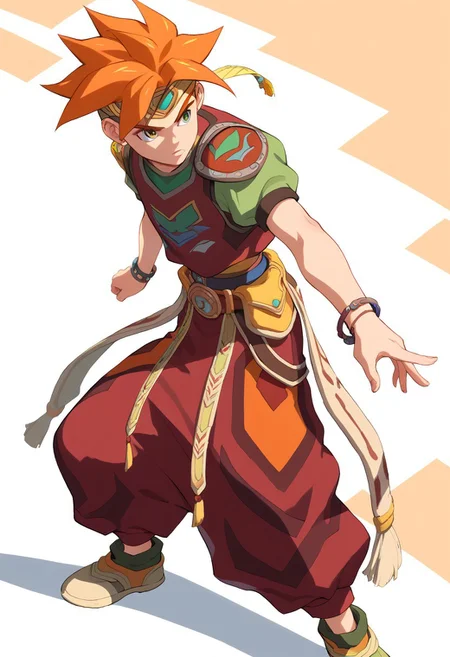 score_9, score_8_up, score_7_up,terranigmark, spiky orange hair, ((((pauldrons with faces)))), jeweled headband, print shirt, green sleeves, bracelets, belt with dangling straps, red baggy pants, shoes,