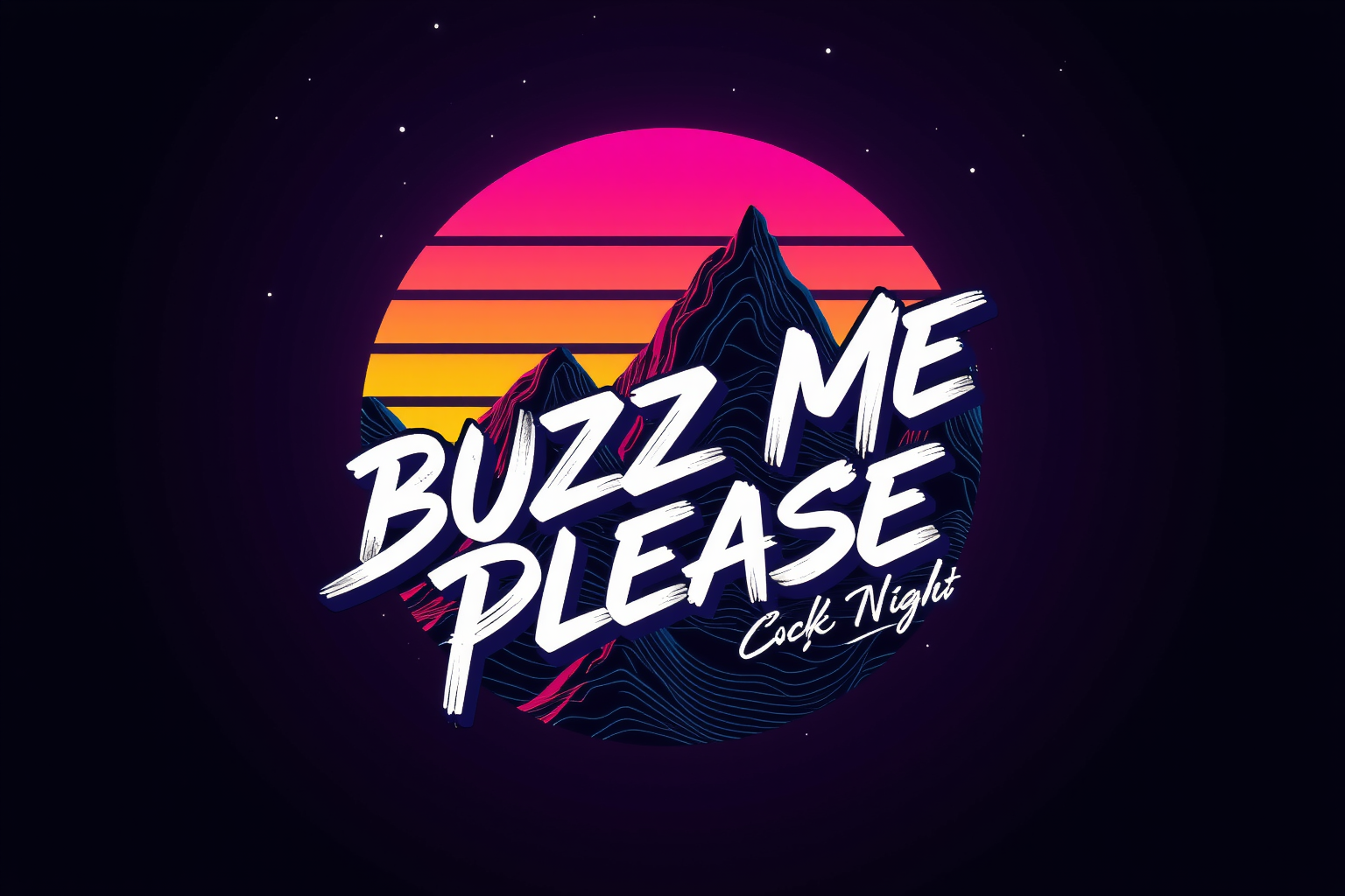 <lora:ck-Neon-Retrowave:1>, ck-nw, in the style of ck-nw, signature logo with text that reads:"(BUZZ ME PLEASE)", sundown, stary night, dark background,ck-rw, in the style of ck-rw,