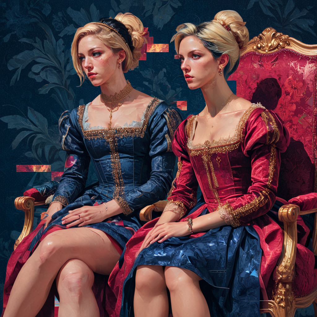 <lora:Baroque_GlitchcoreSDXL:1>  Glitchcore Baroque, The image is a digital illustration of two women sitting on a red velvet armchair. The woman on the left is wearing a black and gold dress with a high neckline and long sleeves. She has blonde hair styled in a bun and is looking off to the side with a serious expression on her face. The other woman is sitting on the right side of the armchair with her hand resting on her lap. Both women are wearing blue and red dresses with gold accents. The background is a dark blue with a floral pattern. The image has a collage-like effect with different colors and textures creating a sense of depth and dimension., multiple girls, 2girls, sitting, black hair, blonde hair, dress, short hair, jewelry, looking at another, chair