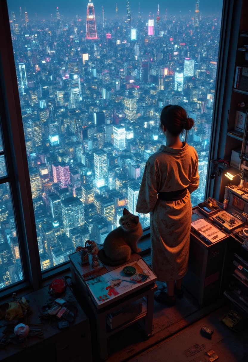 Jiji, the cat from Kiki's Delivery Service sits on a cluttered metal riveted desk next to a maneki neko statue and a small Nintendo NES, Jiji is looking out of a floor to ceiling window that looks out at a very high view from an apartment on the 400th floor of a futuristic Tokyo skyscraper, the year is 2250, The city has thousands of enormous wide and tall futuristic skyscrapers and space ships in the sky, (((Kiki from Kiki's Delivery Service, 24 years old, is standing next to the cat looking out at the enormous city at night, filled with buildings over a mile tall))), Kiki is dressed in an ornate Japanese style bath robe.  The woman's hair is messy from just waking up and tied up with a ribbon. Artistic cyberpunk, dynamic perspective, The focus is on Jiji and Kiki standing together looking out the window at the view together,