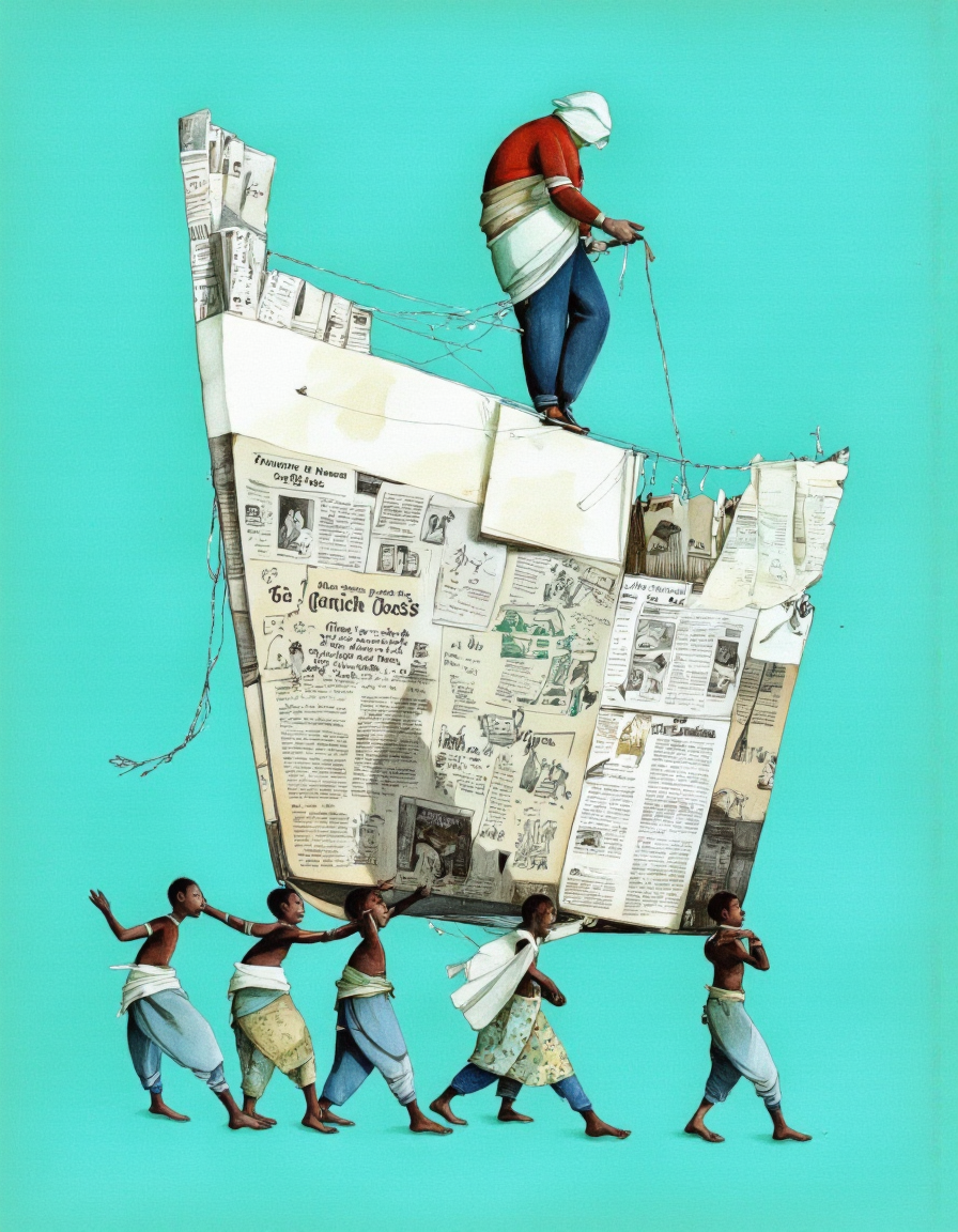 By Rébecca Dautremer. A surreal and whimsical digital illustration from a bird's eye view, featuring a paper ship made from old newspapers, with a man standing on top of it. the ship is floating in the middle of the image, with six small, dark-skinned figures walking behind it, each holding onto the sides with their hands. the figures are wearing traditional clothing, with the man wearing a red shirt and blue pants. the background is a simple turquoise color, and the overall style is reminiscent of a cartoony, cartoonish illustration. the man is standing on the top of the ship, looking out over the horizon with a contemplative expression, while the figures below him are walking in a line, each with a unique pose and expression, creating a sense of movement and depth.