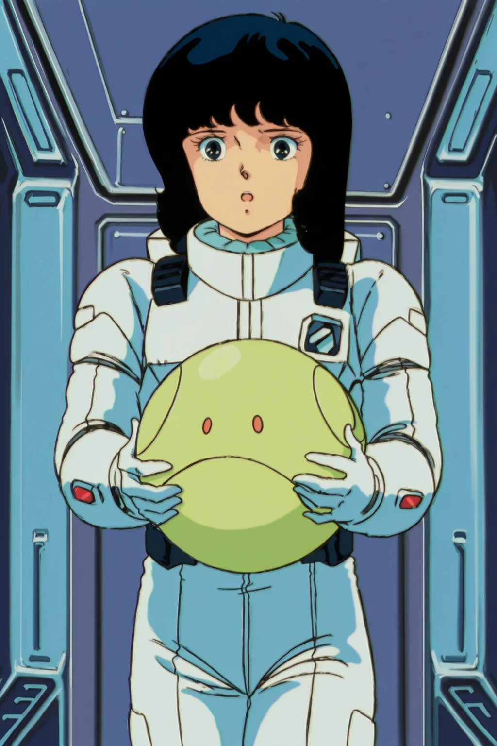 (retro artstyle, 1980s (style):1.2),
inside a spaceship,
<lora:Fa_Yuiry_Mobile_Suit_Zeta_Gundam:.9>
Fa white spacesuit outfit, Fa Yuiry (character), 1girl, 1980s (style), retro artstyle, solo, science fiction, pilot suit, spacesuit, helmet, black hair, haro, robot, long hair, unworn helmet, parody, surprised, :O
