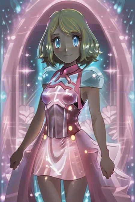 serena \(pokemon\), small smile, pink bioluminescent dress, 1girl,