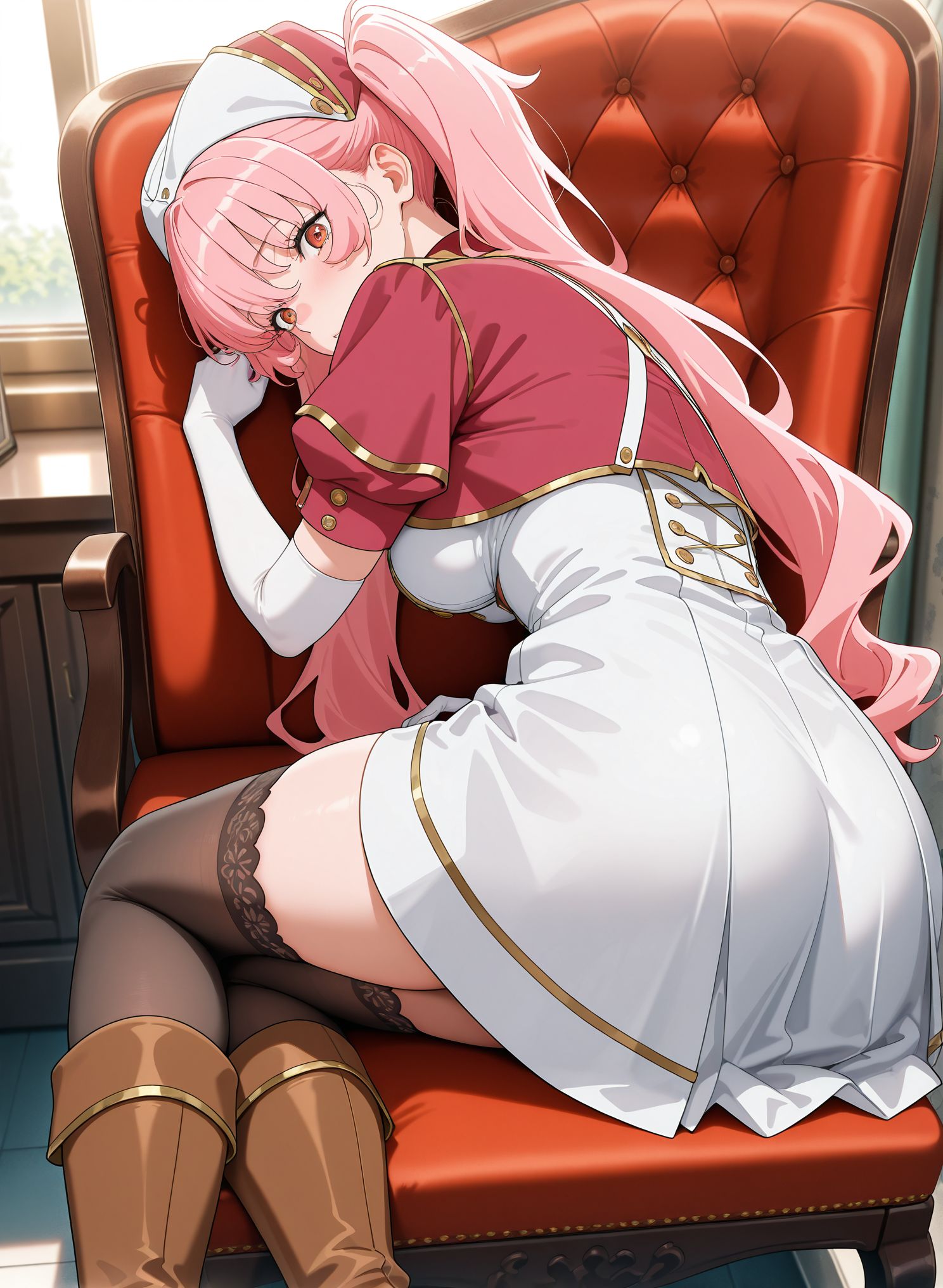 masterpiece,best quality,amazing quality,very aesthetic,absurdres,newest, huge filesize,
<lora:spo_sdxl_10ep_4k-data_lora_webui:0.5>,<lora:add-detail-xl:0.7>. 
<lora:DanMachi_Heith_Velvet__Freya_Syr__Horn__Ryuu:1>
 two side up, cap,
D_Heith Velvet, pink hair,twintails,gloves, thighhighs,long hair, black kneehighs socks,white and brown boots,   elbow gloves, d_heith velvet,