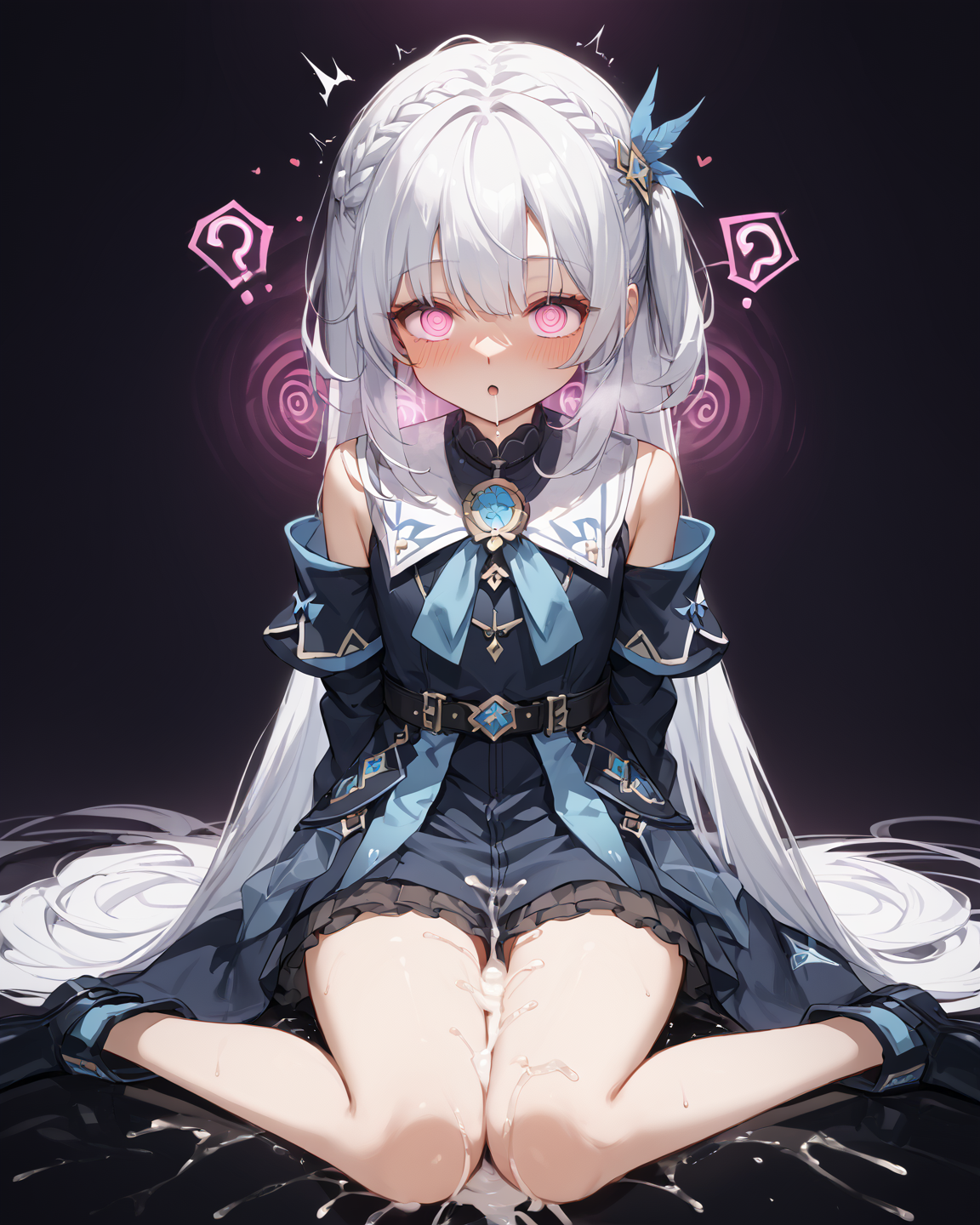 score_9,score_8_up,source_anime,masterpiece,best quality,perfect anatomy very aesthetic,absurdres,
<lora:hypnotic_effect_v2-000004:0.9>,yumi4,hypnotic effect,hypnosis light,dark background,hypnosis,1girl,white hair,endured_face,sex,...?,sitting,after sex,full body,