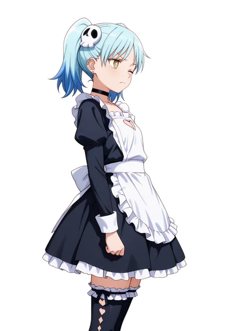 masterpiece,high quality details, absurdres,
<lora:Izutsumi_Marín:0.8>
izutsumi_cnr, 1girl, blue hair,yellow eyes, multicolored hair, skull hair ornament, twintails, black choker,ear piercing,, simple background, white background, from side,solo,, frown,wince,, + +,, ultra realistic, high detailed skin,, maid apron,heart cutout,frilled thighhighs, ,spiked legwear,