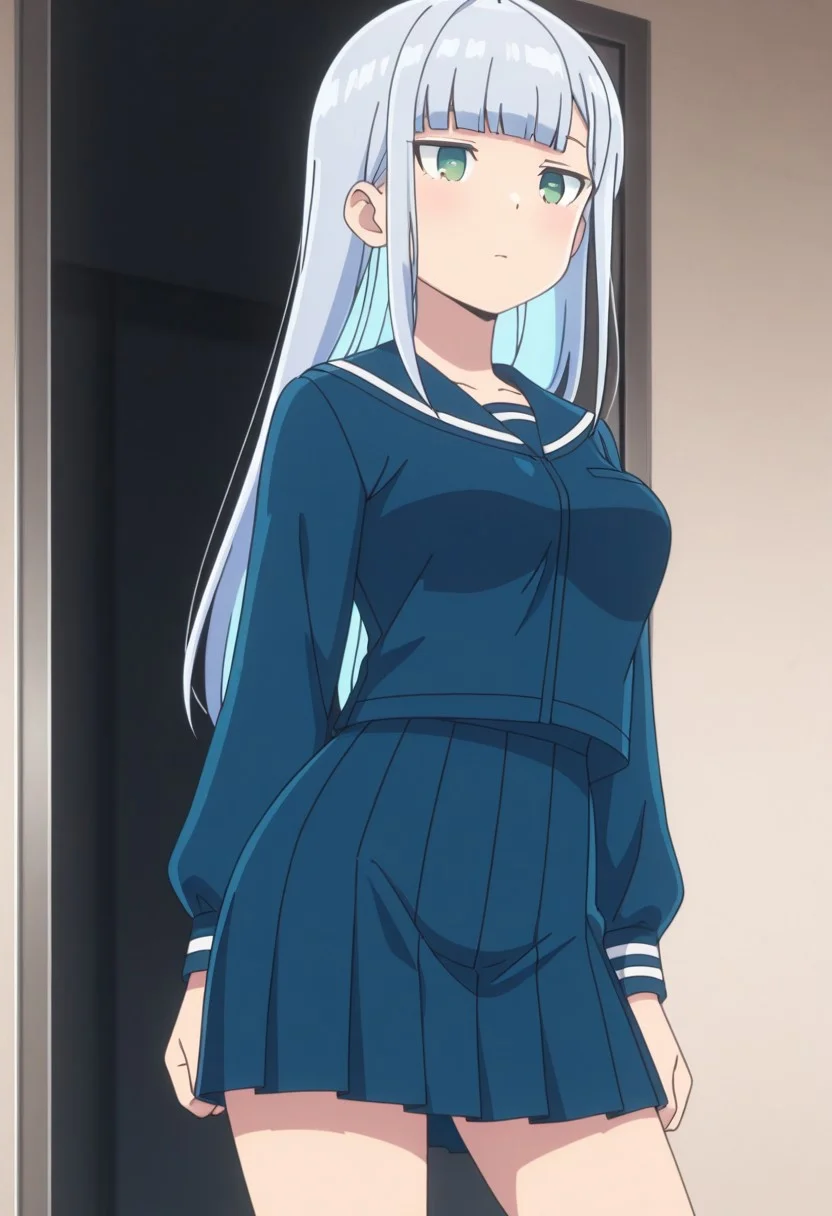 Masterpiece , best quality , amazing quality , anime screencap , ahareneru , a girl , 1girl , long hair , blunt bangs , grey hair, green eyes, sidelocks, blue hair , blue serafuku , medium breasts , blue shirt , blue skirt , cowboy shot , contrapposto