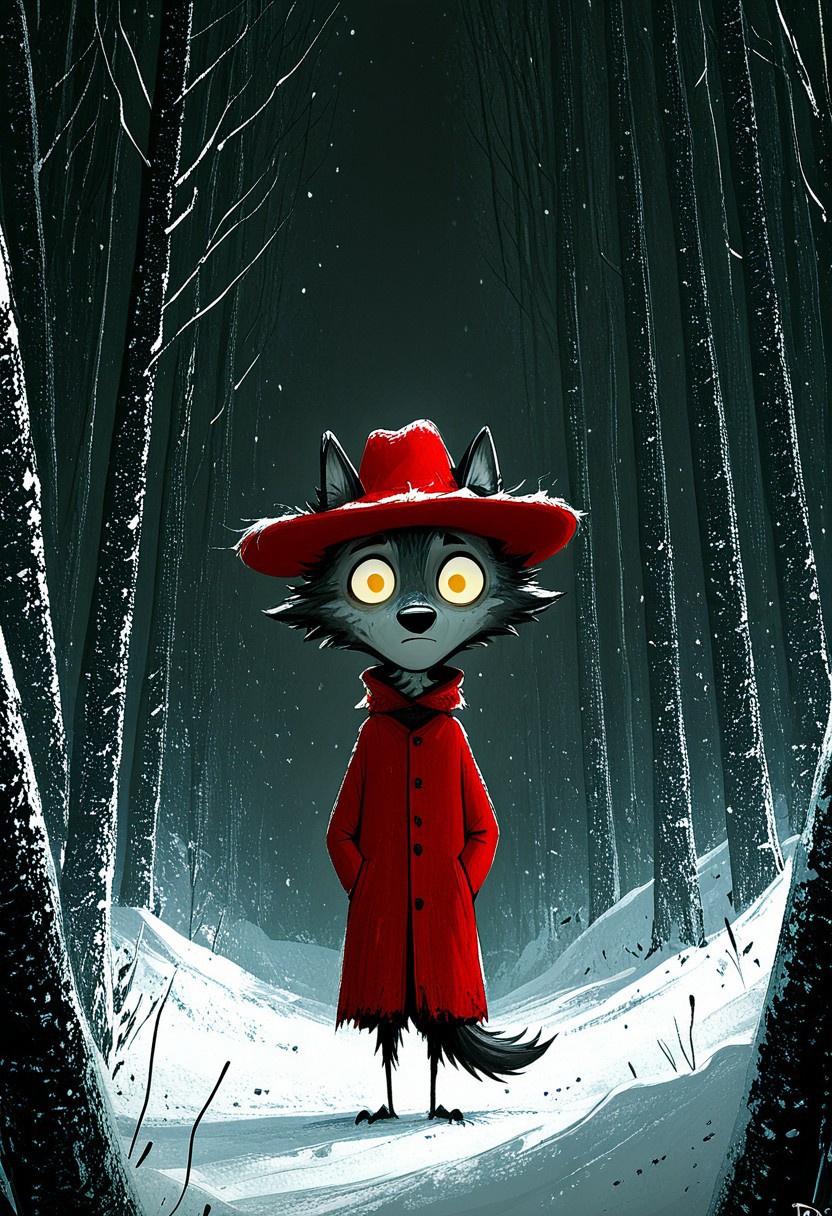 wolf, dark, glowing yellow eyes, small girl, red coat, red hat, textured fur, snowy forest background, stark contrasts, tim burton style, dark whimsical, detailed
