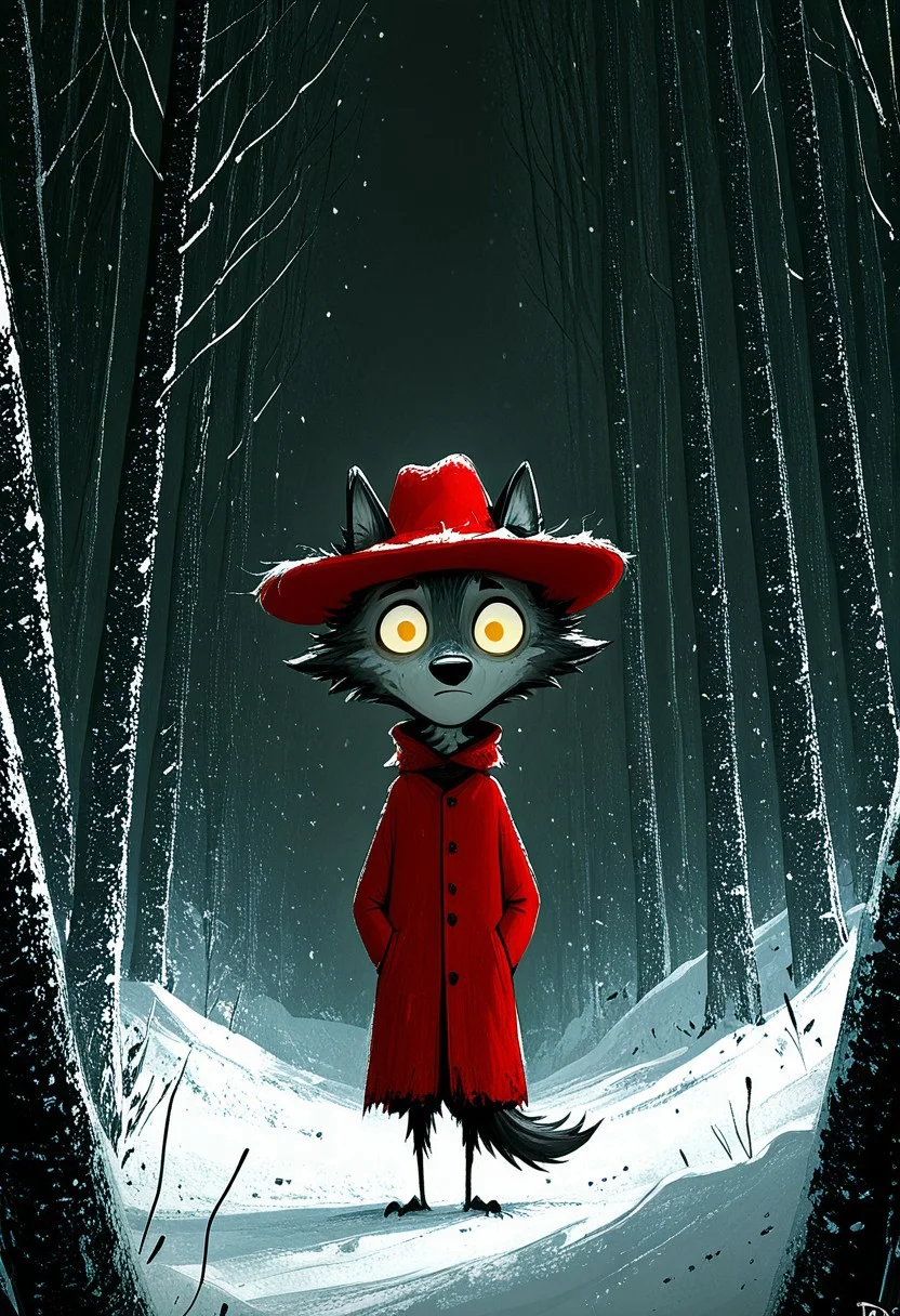 wolf, dark, glowing yellow eyes, small girl, red coat, red hat, textured fur, snowy forest background, stark contrasts, tim burton style, dark whimsical, detailed