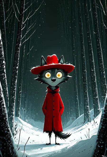 wolf, dark, glowing yellow eyes, small girl, red coat, red hat, textured fur, snowy forest background, stark contrasts, tim burton style, dark whimsical, detailed