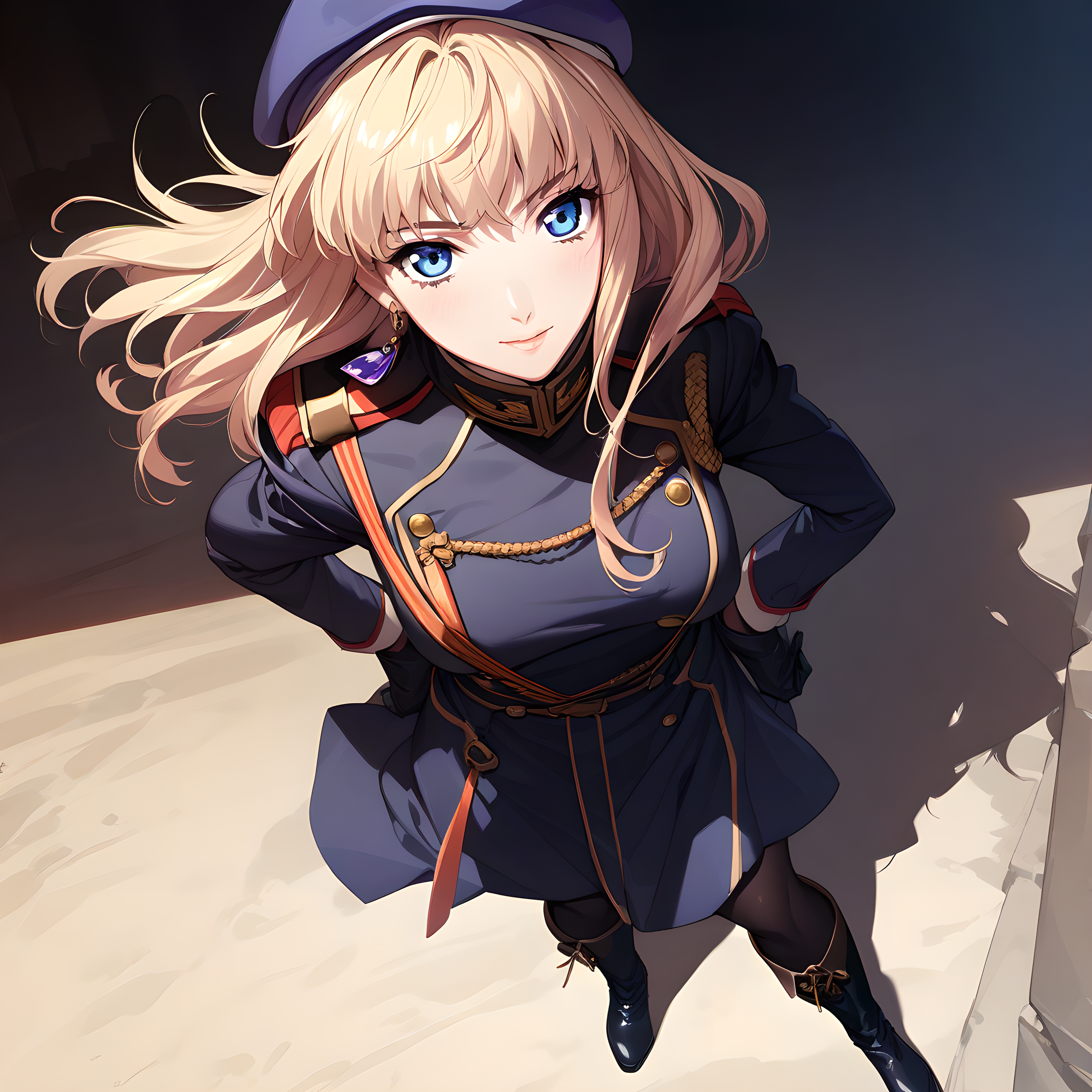 (masterpiece),(best quality),(ultra-detailed),(best illustration),(best shadow),(absurdres),(detailed background),(very aesthetic), sheryl nome, 1girl, solo, blonde hair, blue eyes, hat, earrings, jewelry, uniform, military uniform, military, gloves, single earring, boots, <lora:sheryl_nome:1>