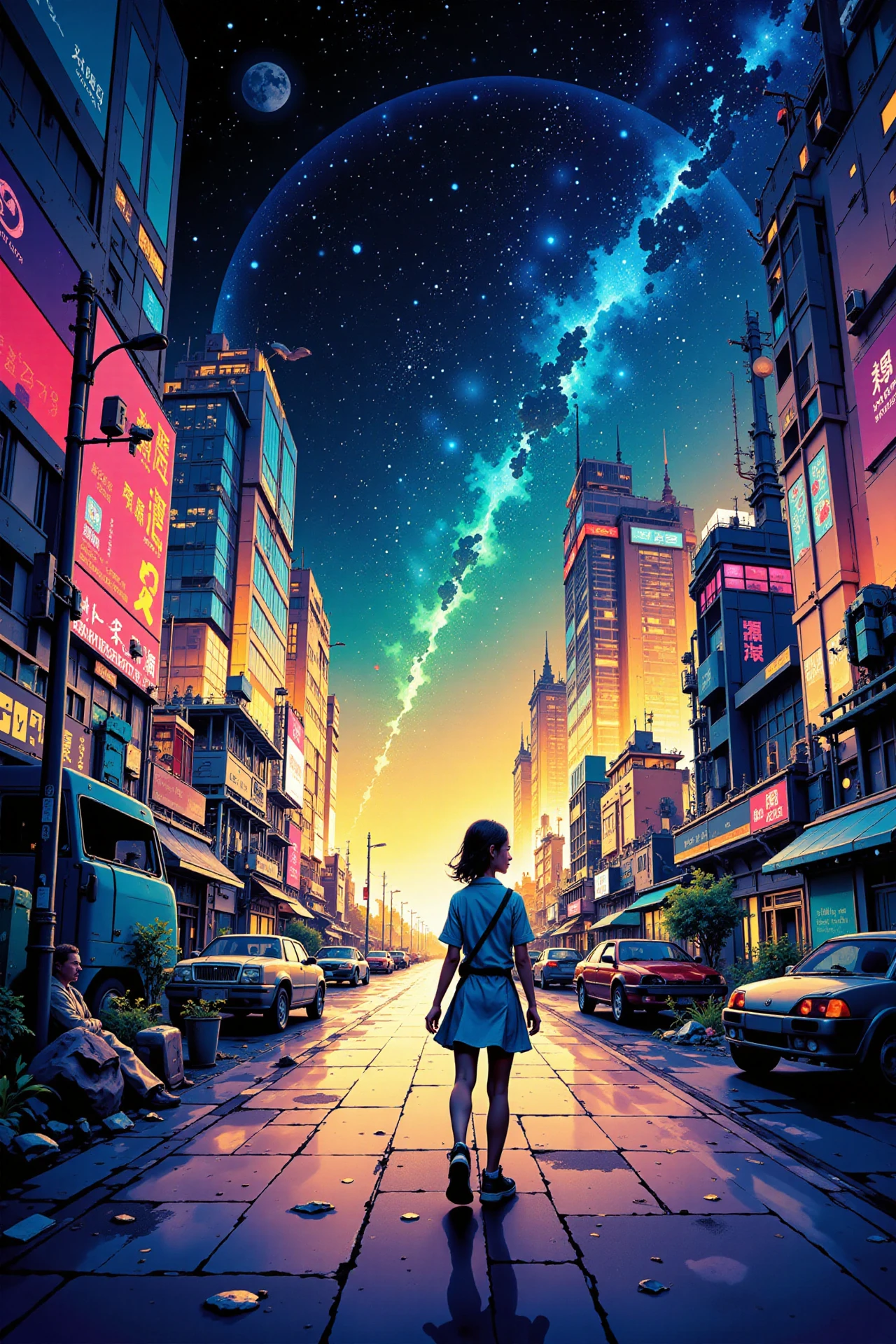 a futuristic sci-fi city of robots beautiful  anime landscape, bright luminous starry night, woman, very intricate, very detailed, sharp, bright, colorful, <lora:Hand v2:0.5> <lora:Anti-Blur:1><lora:Insane Detail Slider:0.25>  <lora:flux.1_lora_flyway_Epic-detail_v2:0.3> <lora:fluxenhancer:0.25> <lora:ROWER:0.6> <lora:flux-charmer-v1-1:0.4> <lora:Chinese_Ink:0.6> chinese ink style