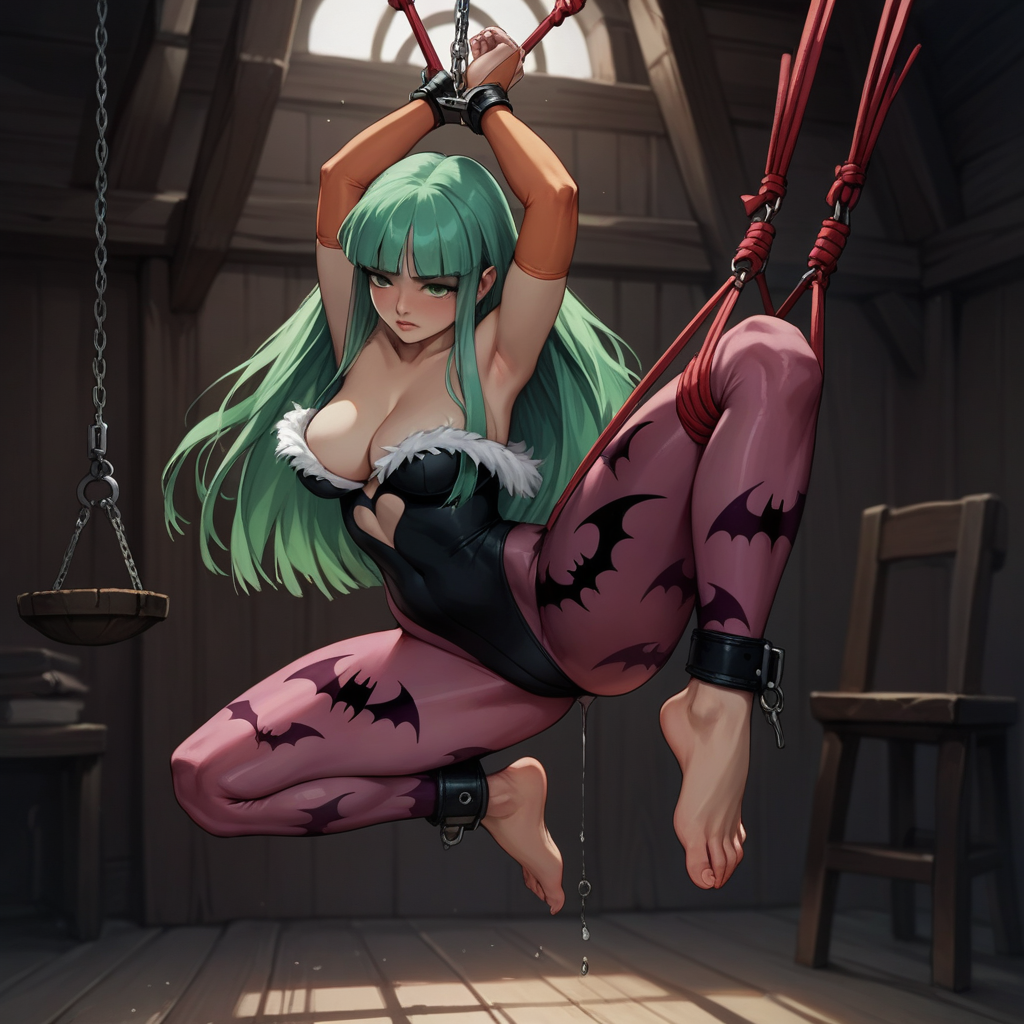 score_9, score_8_up, score_8, (source_anime), hanging_suspension, BREAK, Morrigan Aensland, restrained, bound wrists, blush, perfect face, 1woman, 22 years old, MorriganAe, hime_cut, emerald_green hair, green eyes, blunt bangs, fur trim, bridal gauntlets, print pantyhose, bat print, cleavage, hanging_suspension, BREAK, 1woman, bondage, bdsm, suspension, standing, arms_up, cuffs, bound_wrists, upright_restraints, standing_restraints, tiptoes, straight_legs, feet_dangling